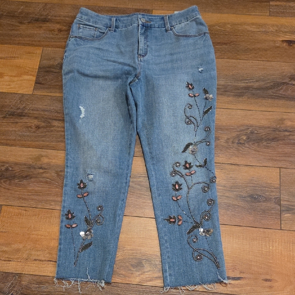 Jewels Embrodered Distressd Blue Jeans